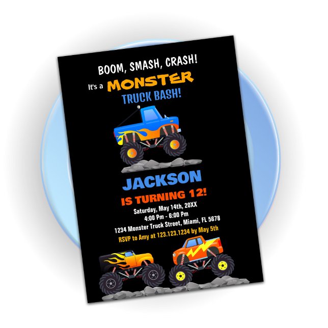 Monster Truck Invitations Anniversaire Noir (Monster Truck Birthday Invitations Black)