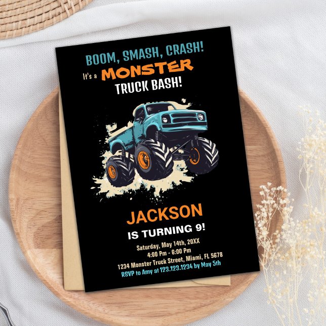 Monster Truck Invitations Anniversaire Noir (Monster Truck Birthday Invitations Black)
