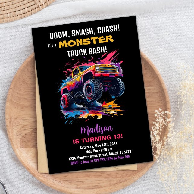 Monster Truck Invitations Anniversaire Rose Noir (Monster Truck Birthday Invitations Pink Black)