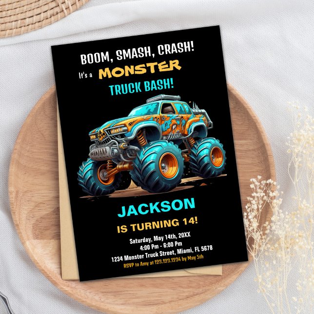 Monster Truck Invitations Anniversaire Vert bleu (Monster Truck Birthday Invitations Green Blue)