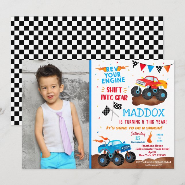 Monster Truck Invitations de fête d'anniversaire P (Devant / Derrière)