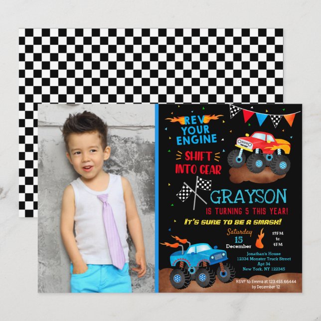 Monster Truck Invitations de fête d'anniversaire P (Devant / Derrière)