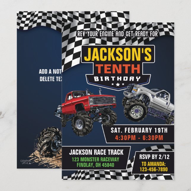 Monster Truck Jam Birthday Party, Any Age Invitation (Front/Back)