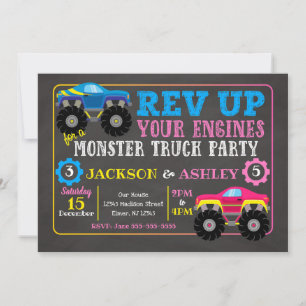 Monster Truck Joint Birthday Invitation / Boy Girl