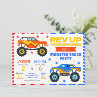 Monster Truck Joint Birthday Invitation Siblings