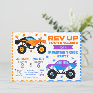 Monster Truck Joint Birthday Invitation Siblings