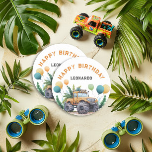 Monster Truck Jungle Safari Happy Birthday Classic Round Sticker
