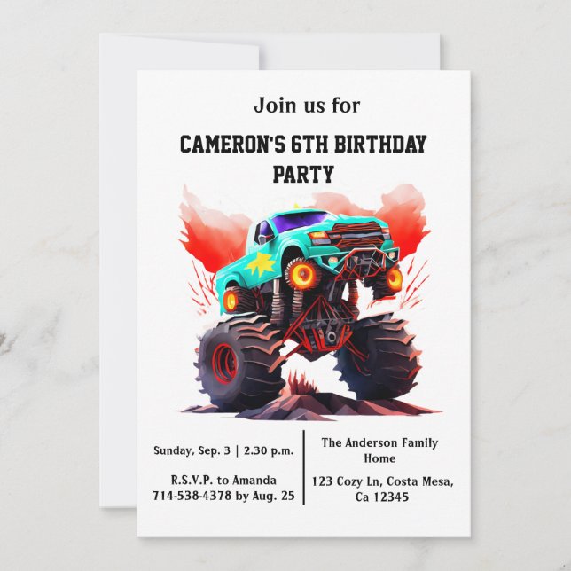 Monster Truck Kids Birthday Party Invitation (Front)