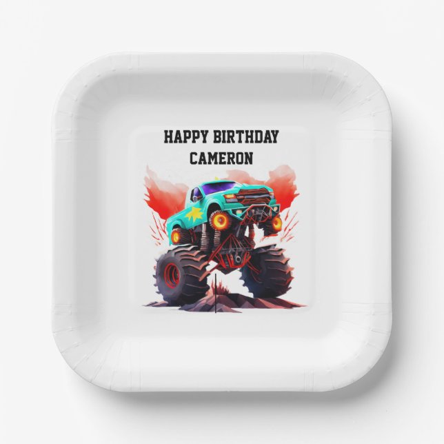 Monster Truck Kids Birthday Party Invitation Paper Plate (Front)