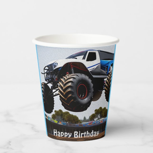 Monster Truck Launch, Birthday Paper Cups (Front)