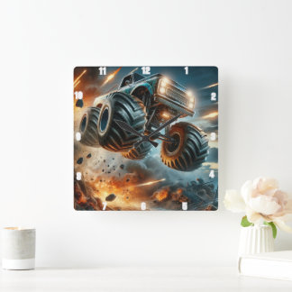Monster Truck Leaping Amidst Explosions Square Wall Clock