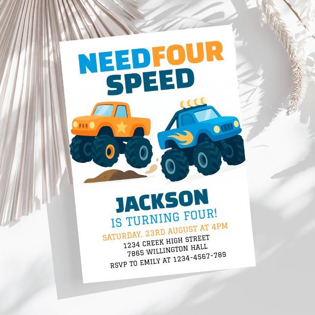 Monster Truck Need Four Speed Fourth Birthday Invitation (Creator Uploaded)