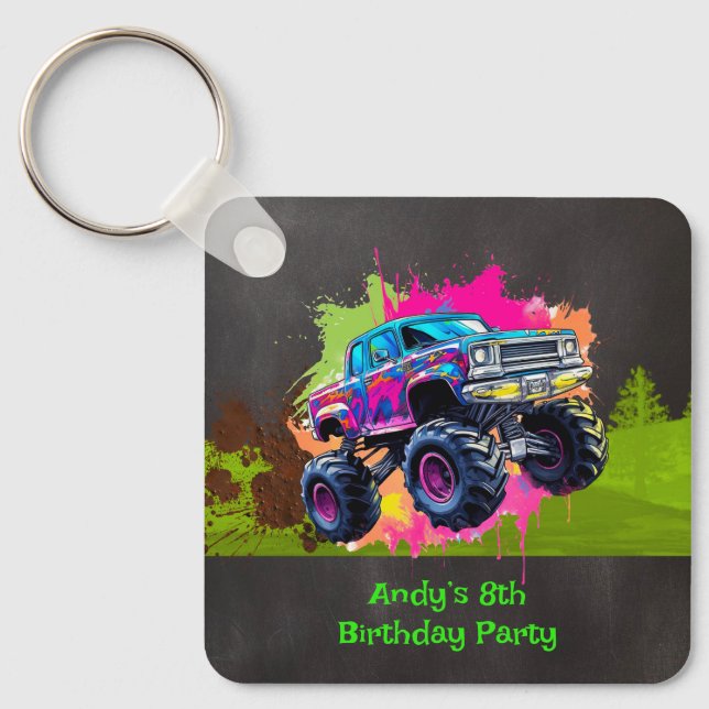 Monster Truck Neon Boy Birthday Party  Keychain (Front)