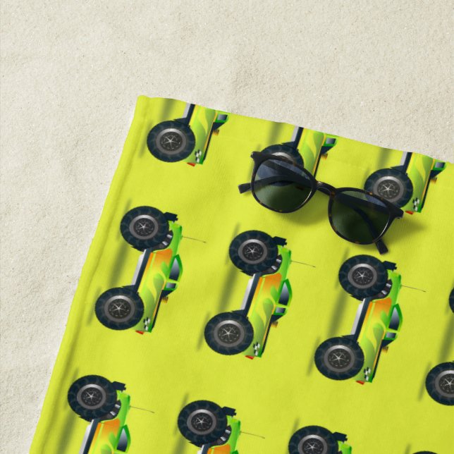 Monster truck on lime green beach towel (In Situ)