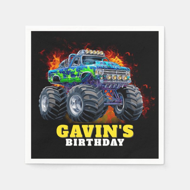Monster Truck Personalized Birthday Party Napkin (Front)