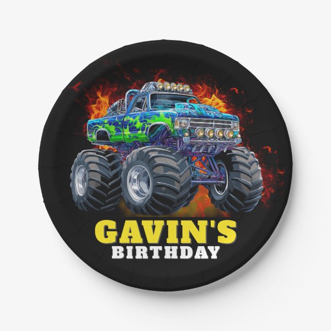 Monster Truck Personalized Birthday Party Paper Plate (Front)