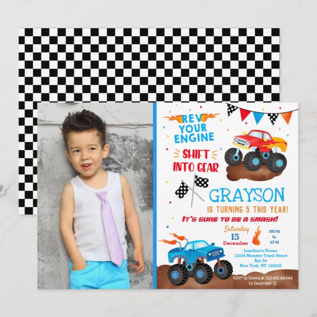 Monster Truck Photo Birthday Party Invitations (Front/Back)