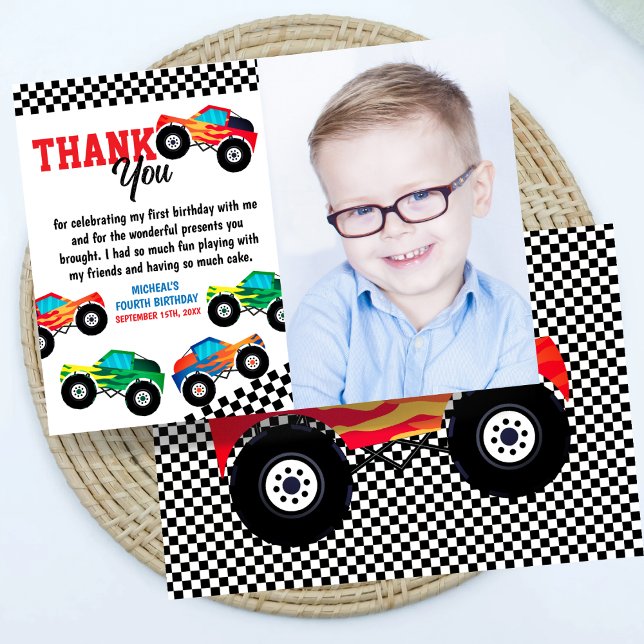 Monster Truck Photo Fourth Birthday Thank You Card (Creator Uploaded)