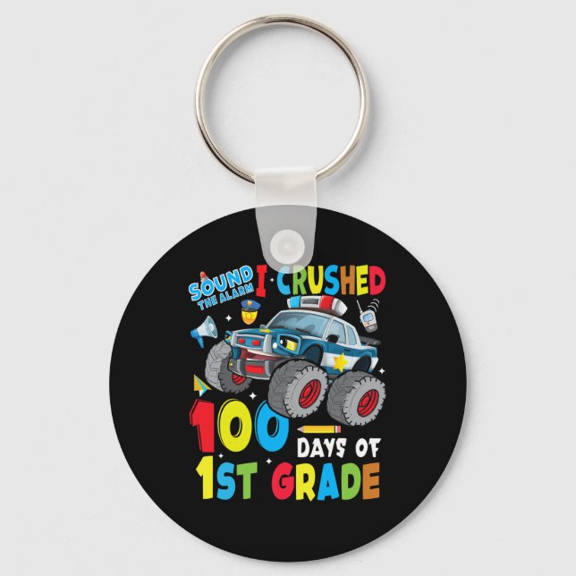 Monster Truck Police Car 100 Days Of School 1st Gr Keychain (Front)