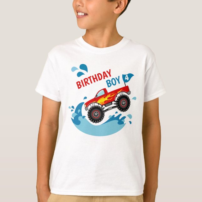 Monster Truck Pool Party Birthday Boy T-Shirt (Front)
