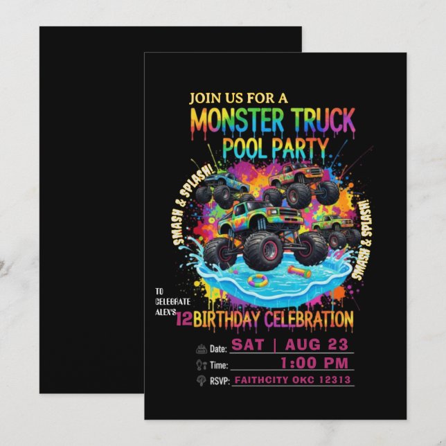 Monster Truck Pool Party Birthday Invitation (Front/Back)