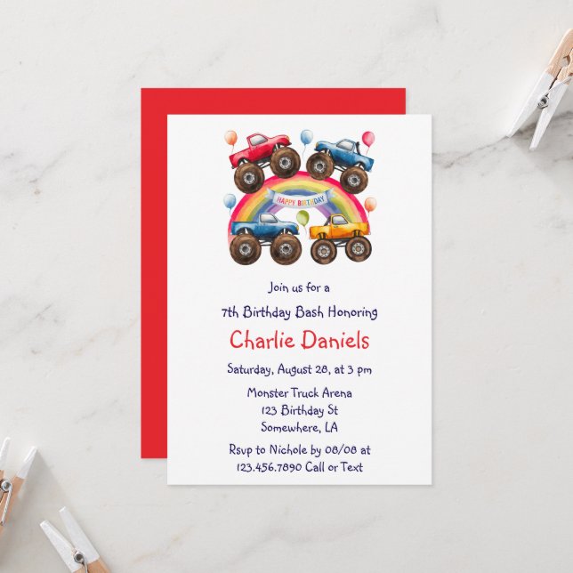 Monster Truck Rainbow Boy Age Birthday Bash Invitation (Front/Back In Situ)