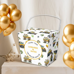 Monster Truck Safari Watercolor Twin Boys Birthday Favor Box