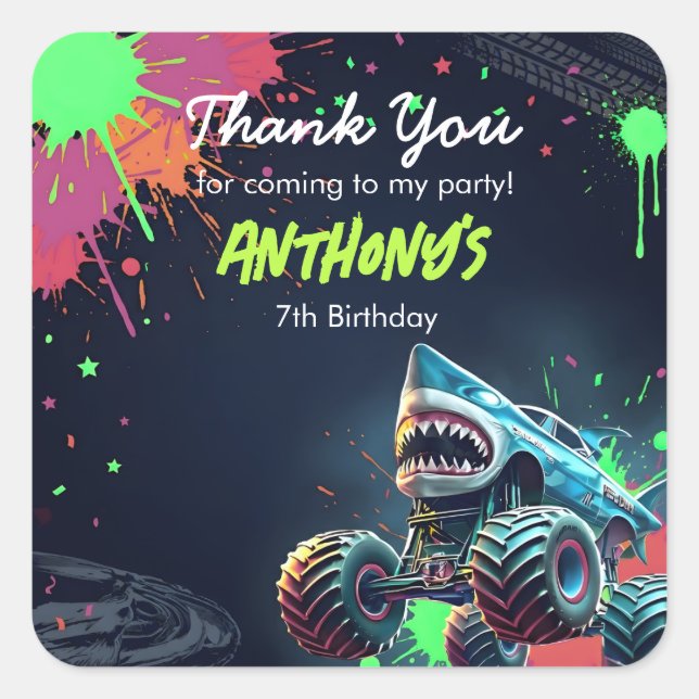 Monster Truck Shark Birthday Napkins Square Sticker (Front)