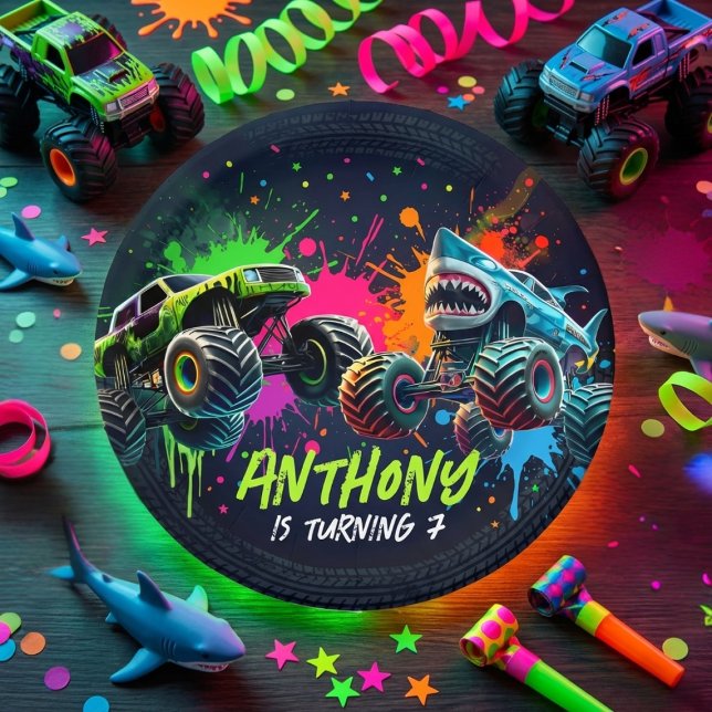 Monster Truck Shark Birthday Paper Plates (Creator Uploaded)