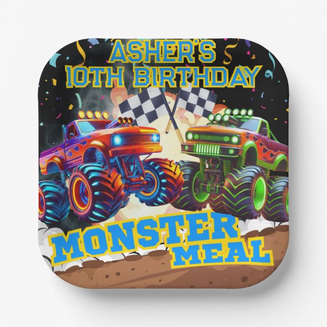 Monster Truck Showdown High-Speed Racing Square Paper Plate (Front)