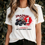 Monster Truck Smash 1st Birthday Parents T-Shirt<br><div class="desc">Get ready to rip, ride, and smash at a high-octane 1st birthday celebration made for your little racer. This monster truck shirt is a perfect parent's outfit addition for a boy's birthday party packed with action, dirt, and roaring engines. Great for first birthday themes like crush bash, monster jam, or...</div>