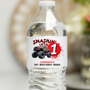 Monster Truck Smash 1st Birthday Water Bottle Label