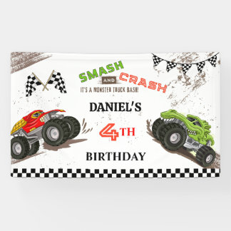 Monster truck smash and crash cute 4th birthday banner