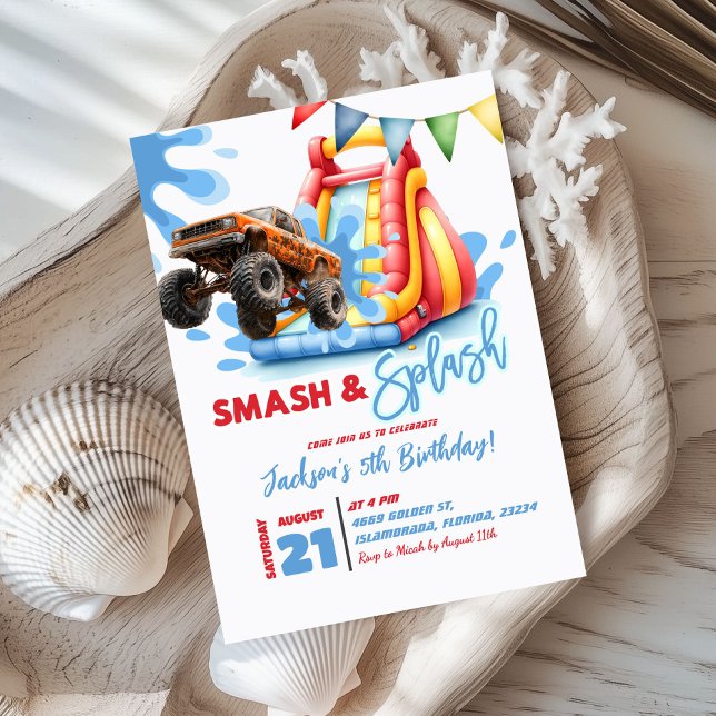 Monster Truck Smash and Splash Pool Party Birthday Invitation (Creator Uploaded)