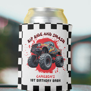 Monster Truck Smash Checkered Flag 1st Birthday Can Cooler