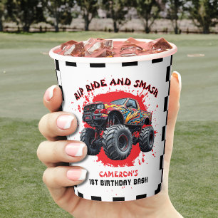 Monster Truck Smash Checkered Flag 1st Birthday Paper Cups