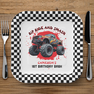 Monster Truck Smash Chequered Flag 1st Birthday Paper Plate