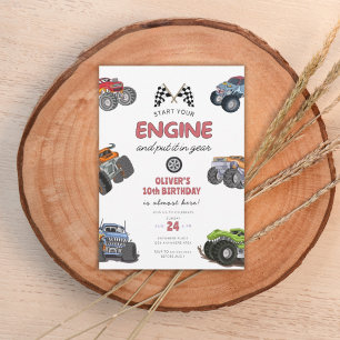 Monster truck, start your engine boy 10th birthday invitation