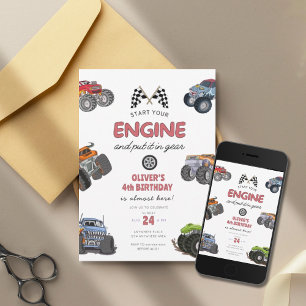 Monster truck, start your engine boy 4th birthday invitation