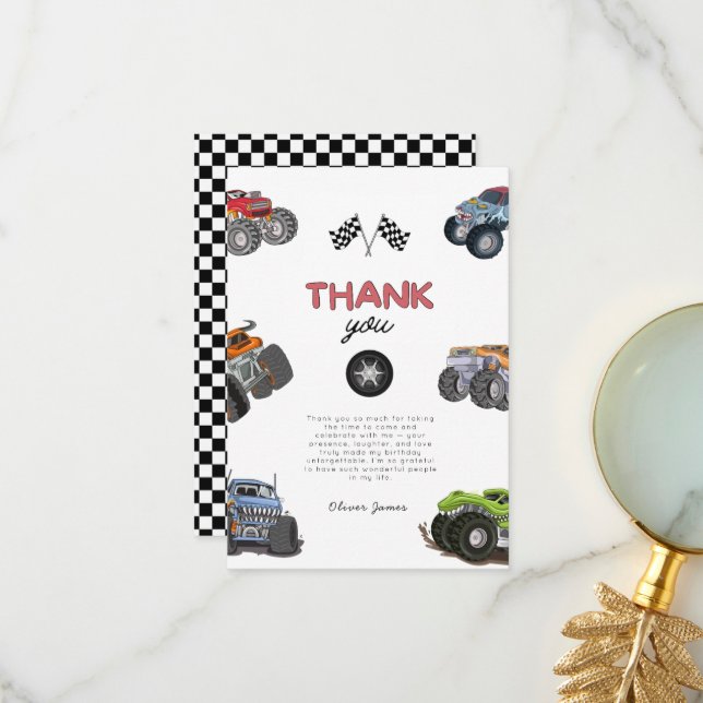 Monster truck, start your engine boy birthday  thank you card (Front/Back In Situ)