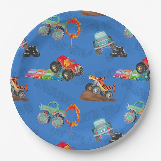 Monster Truck Stunts Watercolor Pattern Blue Paper Plate (Front)