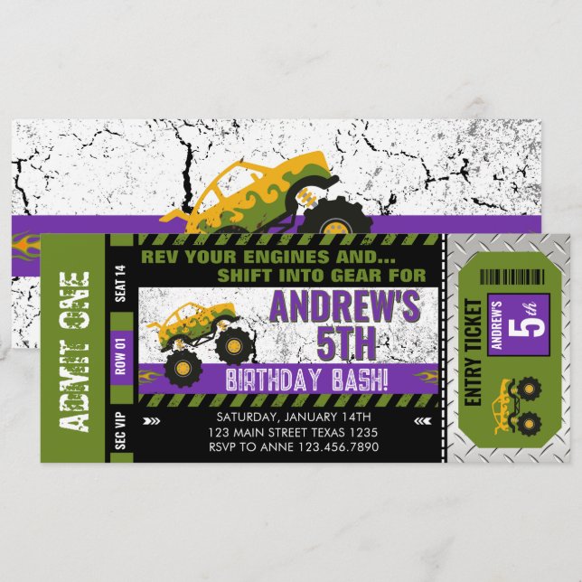 Monster Truck Ticket Birthday  Invitation (Front/Back)