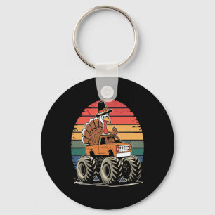 Monster Truck Turkey Sunset Retro Thanksgiving Boy Keychain