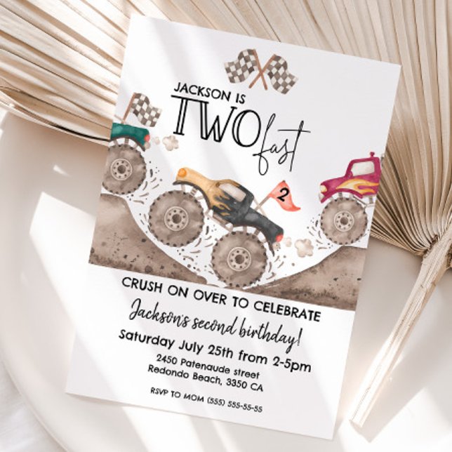Monster Truck TWO FAST 2nd kids birthday Invitation (Monster truck two fast birthday invitation)