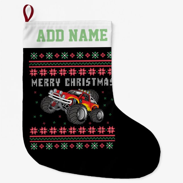 Monster Truck Ugly Christmas Sweater Large Christmas Stocking (Front)