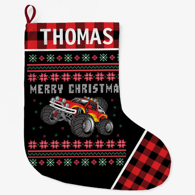 Monster Truck Ugly Christmas Sweater Red Plaid Large Christmas Stocking (Front)