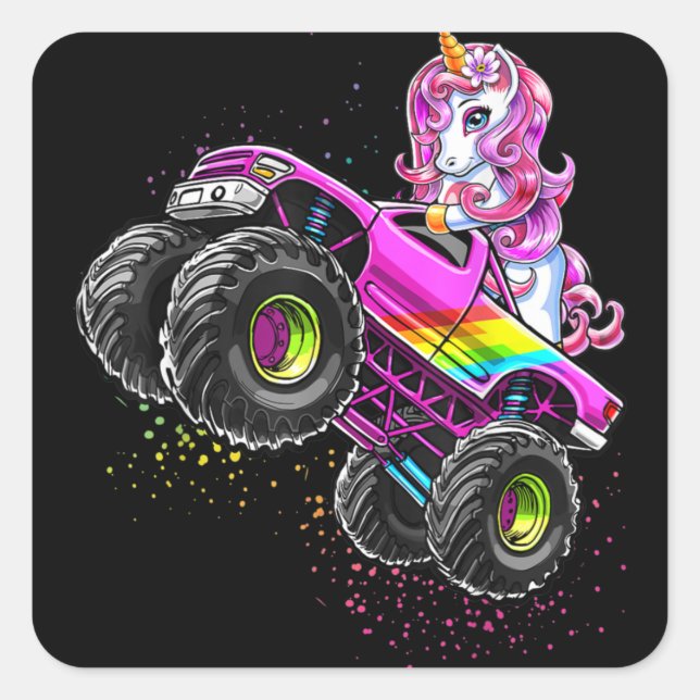 Monster Truck Unicorn Birthday Square Sticker (Front)