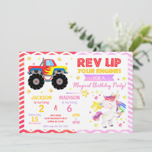 Monster Truck & Unicorn Joint Birthday Invitation