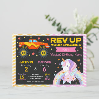 Monster Truck & Unicorn Joint Birthday Invitation