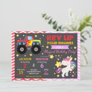 Monster Truck & Unicorn Joint Birthday Invitation